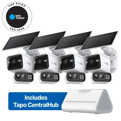 Kit 4 telecamere di sicurezza smart 2K dual-lens con pannello solare e rotazione/pan-tilt, CentralHub, Tapo C645D Kit 4-Pack + H500