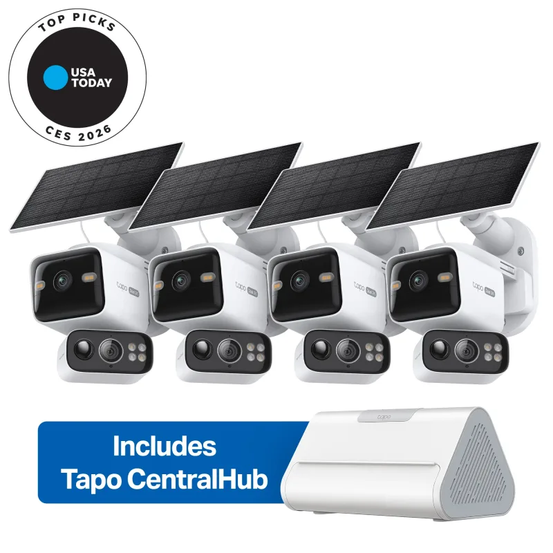 Kit 4 telecamere di sicurezza smart 2K dual-lens con pannello solare e rotazione/pan-tilt, CentralHub, Tapo C645D Kit 4-Pack + H500
