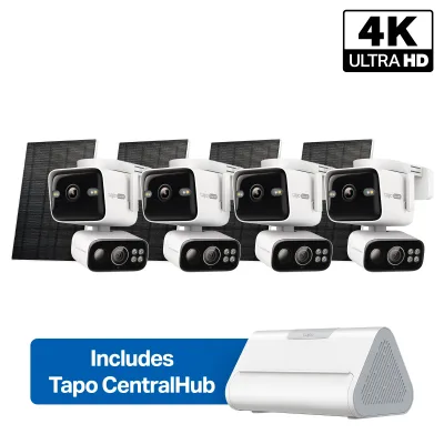 Pack Cámara de Seguridad 4K con Doble Objetivo, Solar y con Giro/Inclinación + Smart CentralHub, Kit Tapo C675D 4-Pack + H500