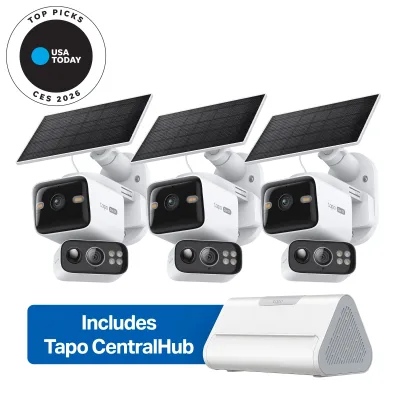 Kit telecamera di sicurezza solare 2K con doppia lente e rotazione/inclinazione e Smart CentralHub, Tapo C645D Kit confezione da 3 + H500