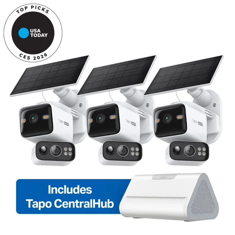 Kit telecamera di sicurezza solare 2K con doppia lente e rotazione/inclinazione e Smart CentralHub, Tapo C645D Kit confezione da 3 + H500