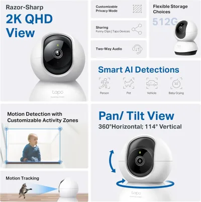 Pan/Tilt 2K QHD indoor beveiligingscamera, Tapo C220