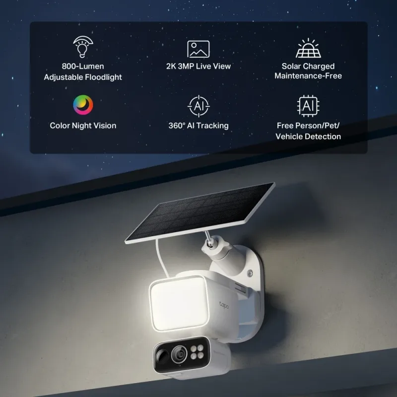 Telecamera di sicurezza 2K con faretto solare, rotazione/inclinazione a 360°, Tapo C615F Kit 3-Pack