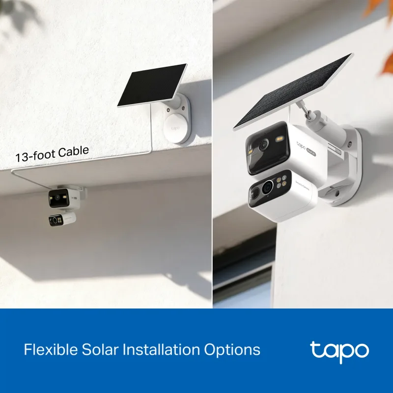 Kit telecamera di sicurezza solare 2K con doppia lente e rotazione/inclinazione e Smart CentralHub, Tapo C645D Kit confezione da 3 + H500