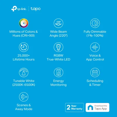 調光可能なRGBWスマート電球 Tapo L530E（4個パック）