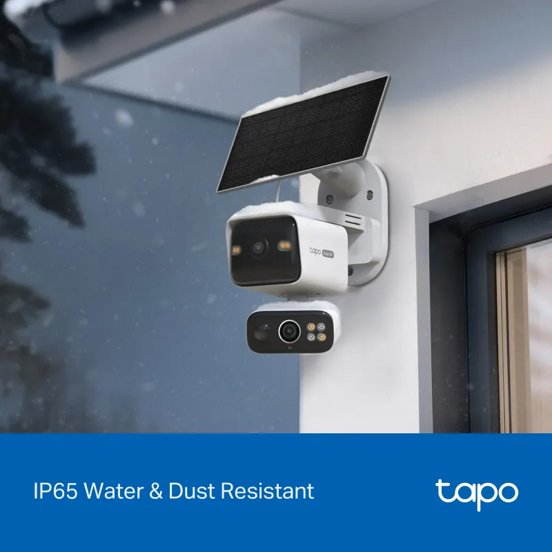 Kit telecamera di sicurezza solare 2K con doppia lente e rotazione/inclinazione e Smart CentralHub, Tapo C645D Kit confezione da 3 + H500