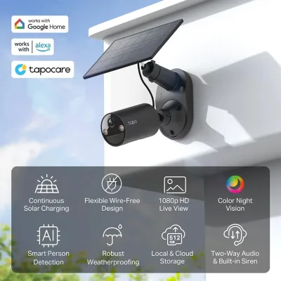 Cámara de seguridad exterior inalámbrica SolarCam 1080P con panel solar, Tapo C403 Kit 3 unidades (negra)