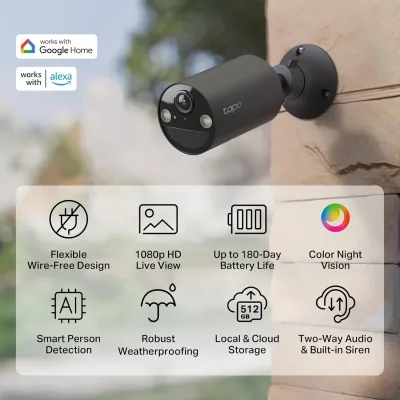 Telecamera di Sicurezza Wireless da Esterno 1080P Nera, Tapo C403