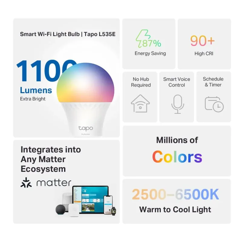 Matter-zertifizierte dimmbare RGBW-Smart-Lampe, Tapo L535E