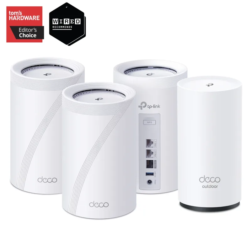 Sistema Mesh Wi-Fi 7 para exteriores Deco 7 Pro, pack de 3 Deco BE67 BE14000 y BE25-Outdoor