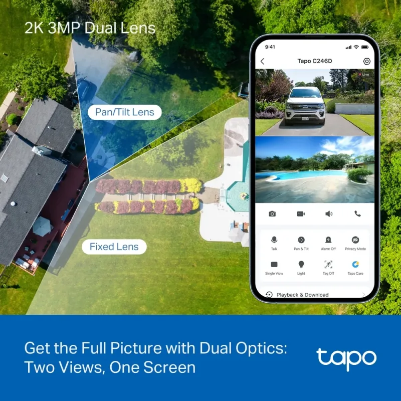 2K Dual Lens Pan/Tilt Indoor/Outdoor Security Camera, Tapo C246D HybridCam Duo 3-Pack