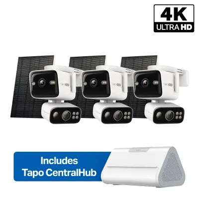Pack de 3 cámaras de seguridad solares con doble objetivo 4K, giro/inclinación y Smart CentralHub, Tapo C675D Kit + H500