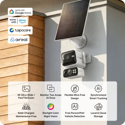 4K Dual-Lens Solar Pan/Tilt Security Camera Smart CentralHub Bundle, Tapo C675D Kit 2-Pack + H500