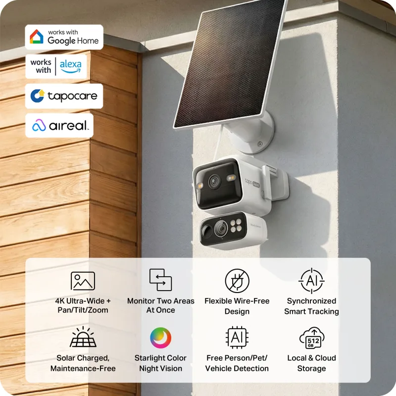 4K Dual-Lens Solar Pan/Tilt Security Camera Smart CentralHub Bundle, Tapo C675D Kit 2-Pack + H500